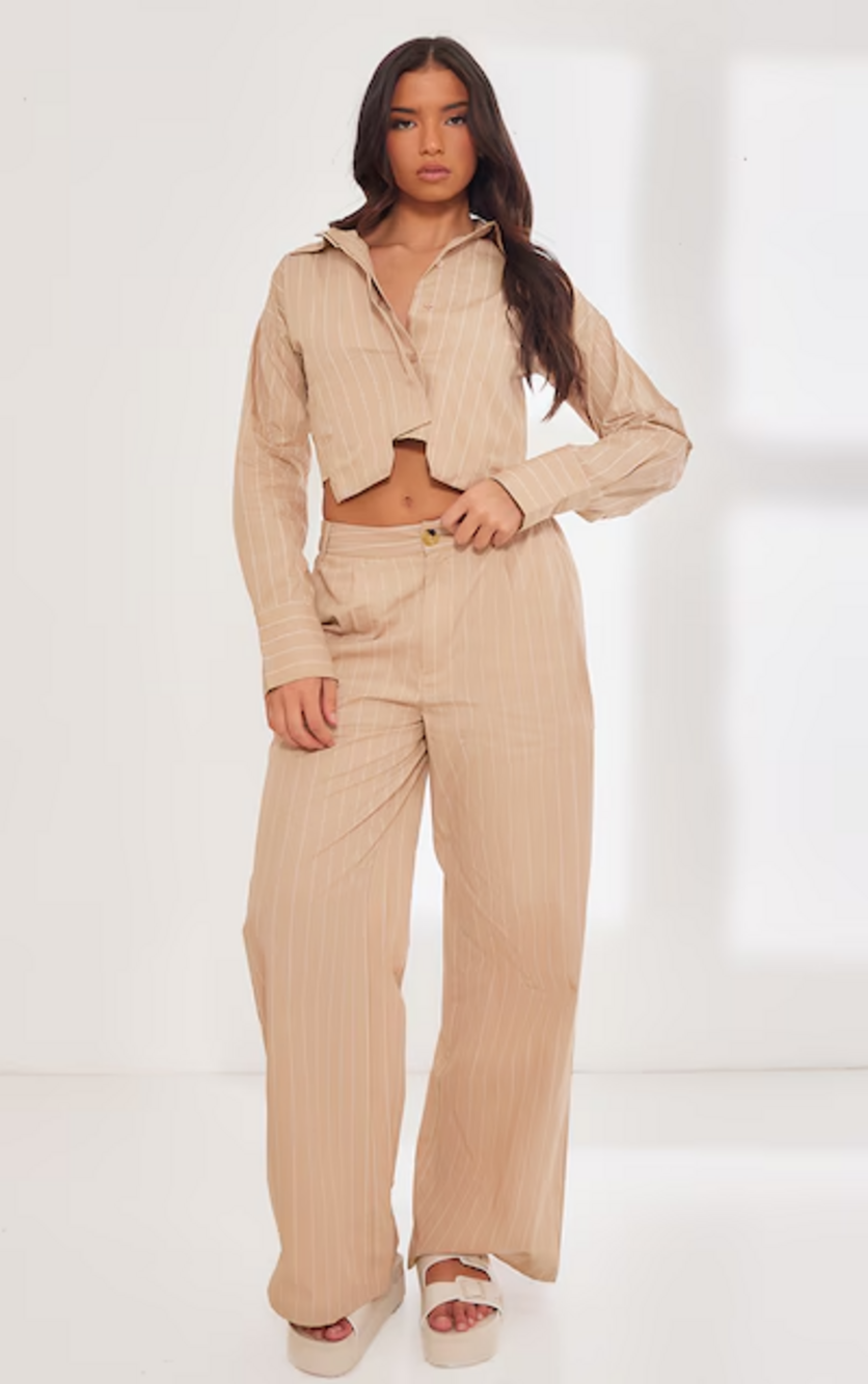 New PrettyLittleThing Stone Poplin Pinstripe cropped shirt
